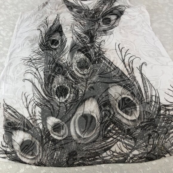 Forever 21 White and Gray Sleeveless Tank Top with Peacock Graphics and Sequins - Picture 8 of 12